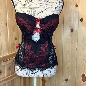 Vintage Y2K 90s Morbid Threads Corset Top 32A Red Black Lace Goth Bows 36d